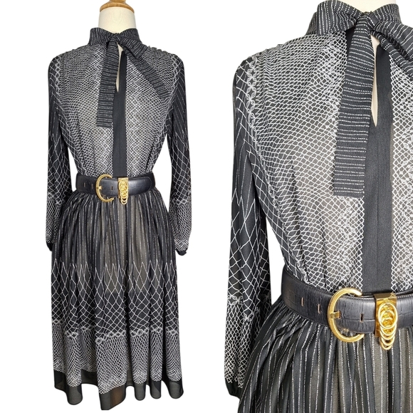 Vintage Dresses & Skirts - Vintage 70s Sheer Floral Striped Long Sleeve Dress Sz Medium Large Black White